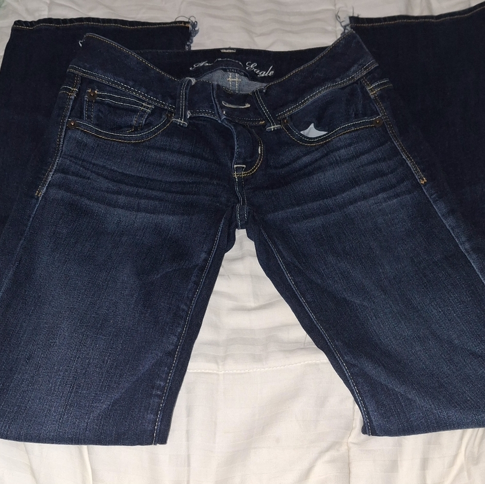 American Eagle Outfitters Women's Dark Blue Slim Boot Jeans-low rise